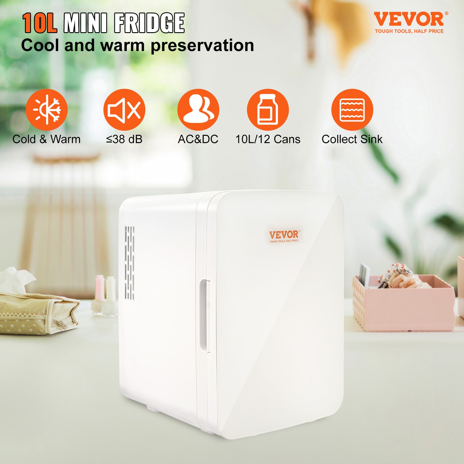 Vevor Mini Fridge,10L 12 Can Luxury Skin Care Refrigerator,  Small Beverage Fridges For Bedroom Office Dorm Car Travel,  AC DC Cooler & Heat For Foods, Drink, Breast Milk Storage & Chill, White